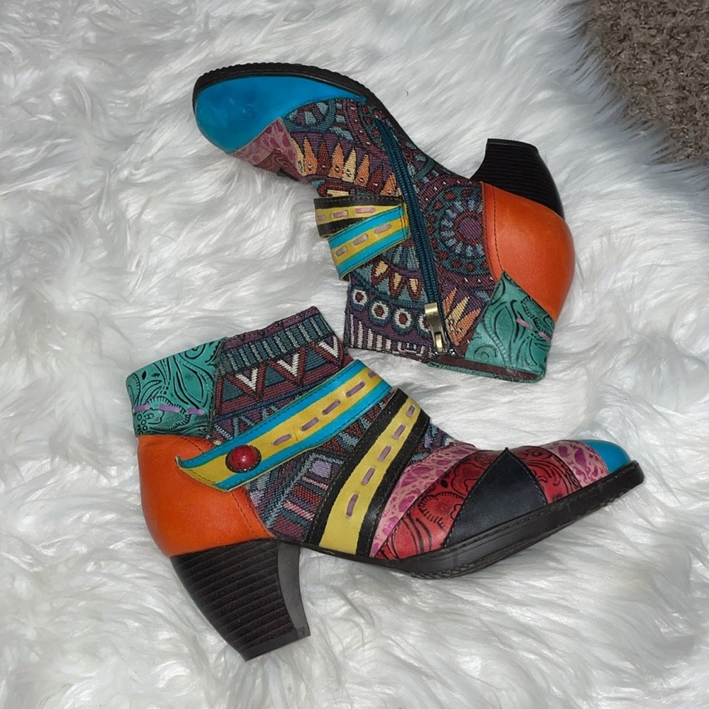 Socofy Patchwork Tapestry Leather Colorful Women's Ankle Boots - Picture 5 of 11